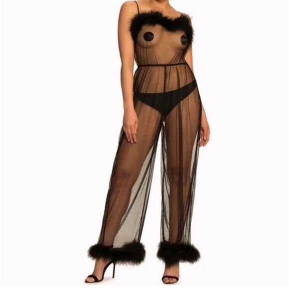 NWT Savage X Fenty Sheer Black Marabou Jumpsuit XS-S Sexy Mesh Loungewear - Picture 1 of 6